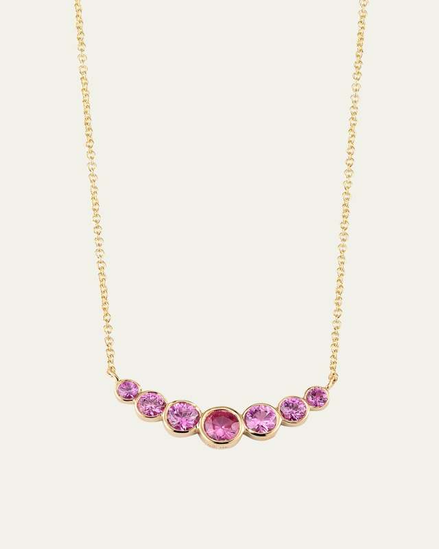 14K Graduated Bezel Curve Bar Necklace with Pink Sapphires