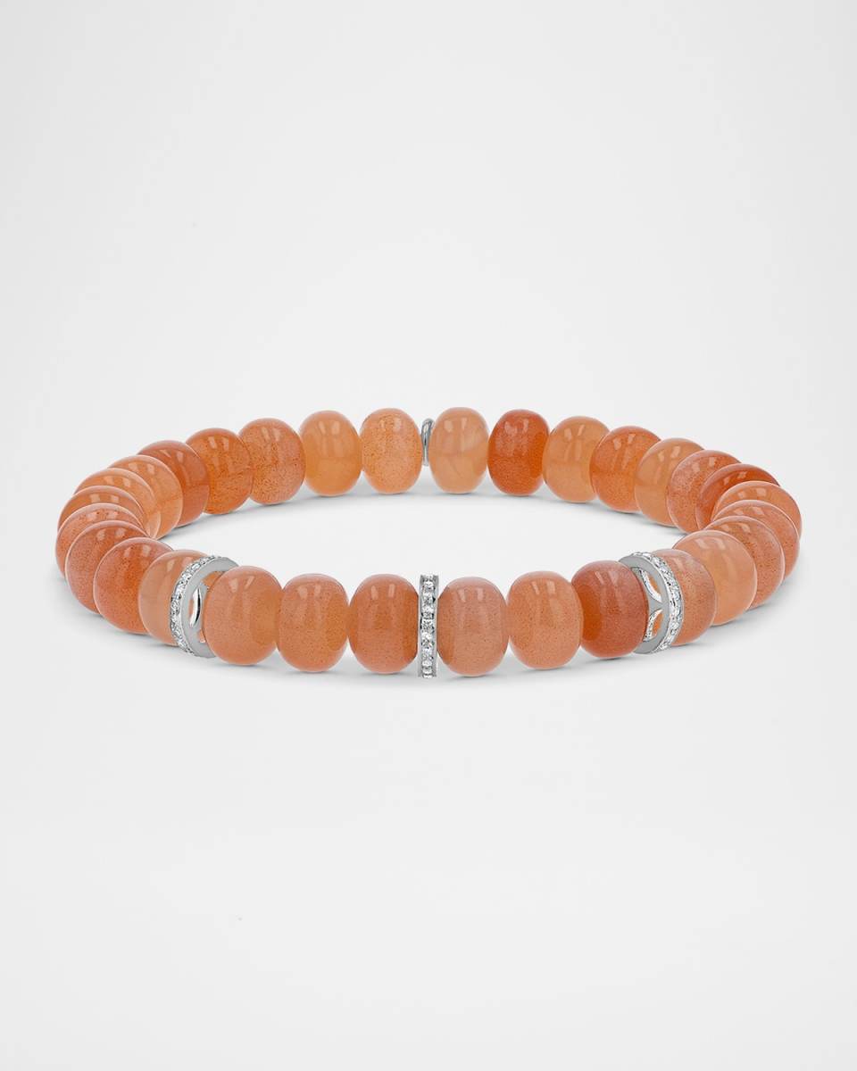Peach Moonstone 8mm Bracelet with 3 Pave Diamond Rondelles