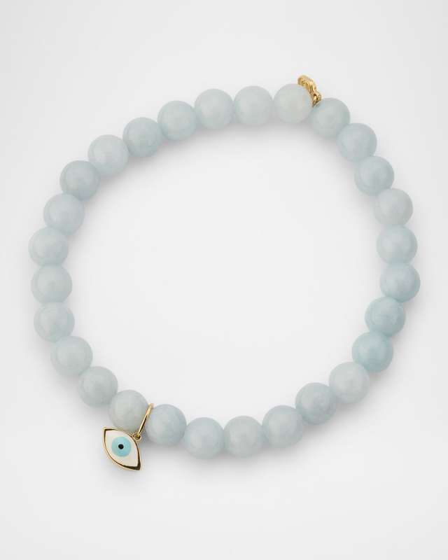Aquamarine Bead Bracelet with Medium Enamel Evil Eye Charm