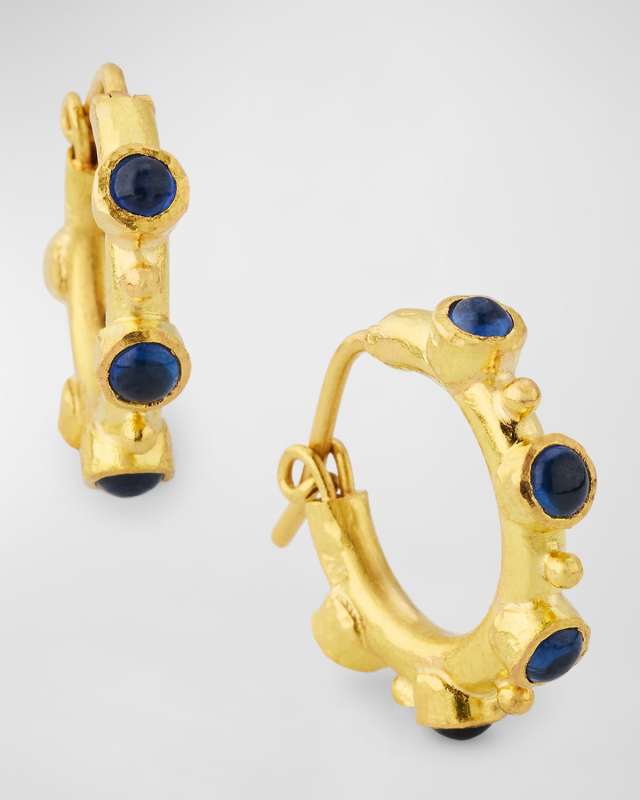 Big Baby Hoop Earrings with 3mm Cabochon Blue Sapphires and Gold Dots