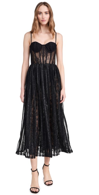 PatBO Metallic Tulle Bustier Midi Dress Black