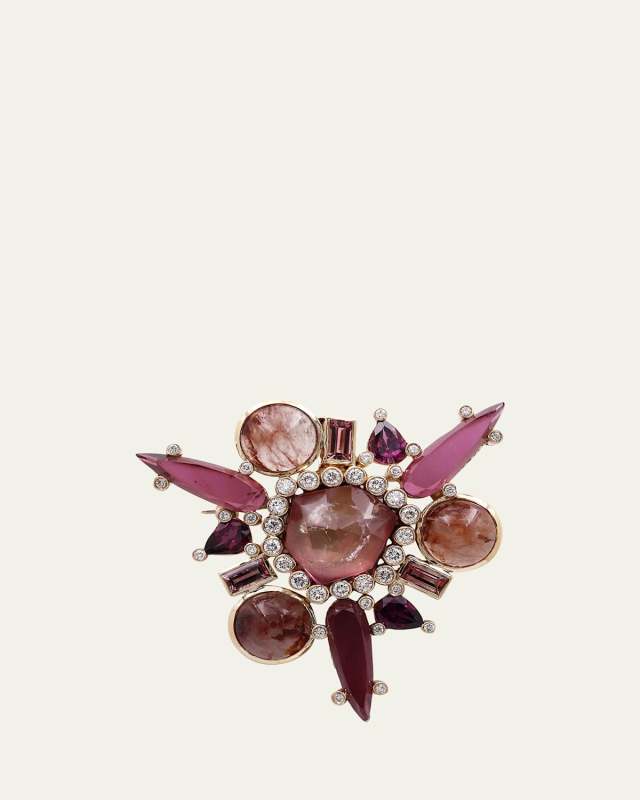 Tourmaline, Mother-of-Pearl, Rutilated Sunstone and Rhodolite Garnet Brooch-Pendant in 18K Gold
