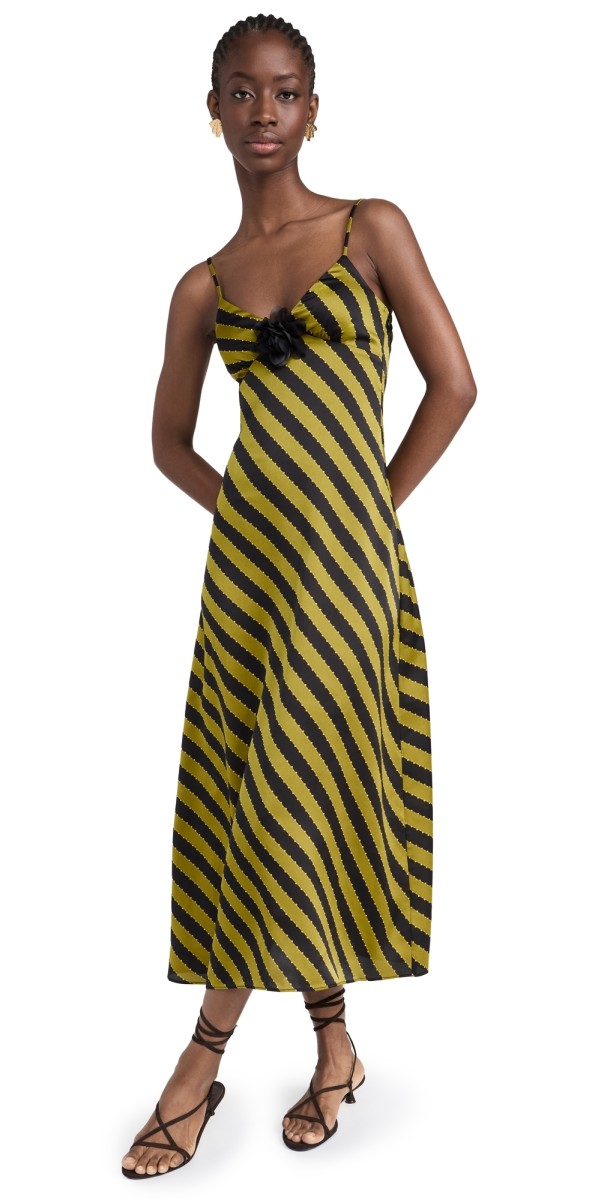 Moon River V-Neck Satin Midi Dress Green Multi