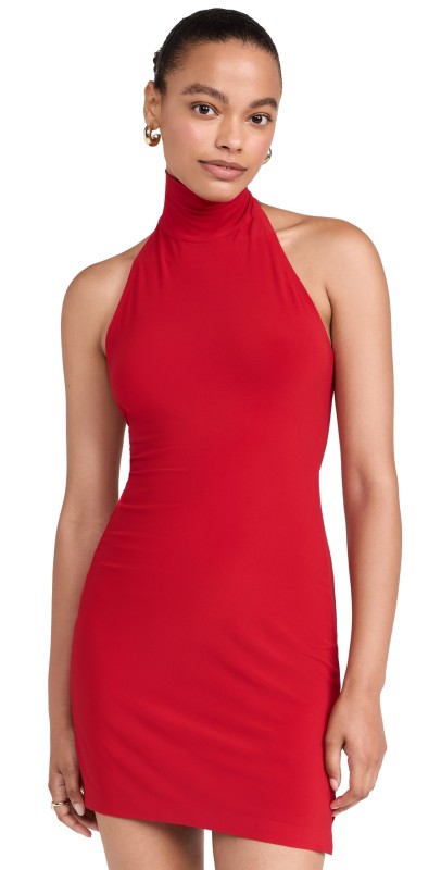 Norma Kamali Haltered Turtle Side Slit Mini Dress Tiger Red
