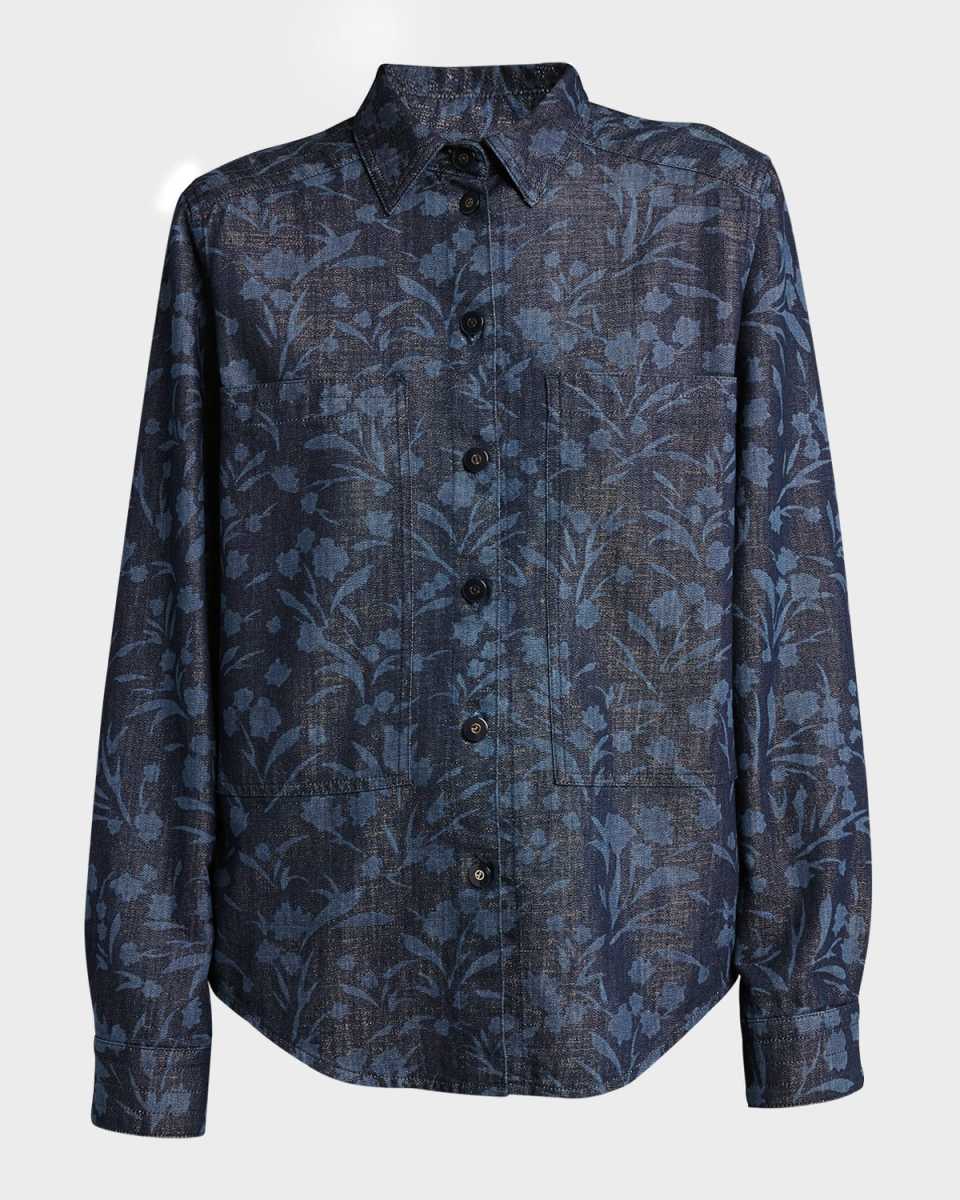 Shiny Denim Floral Print Button-Front Shirt