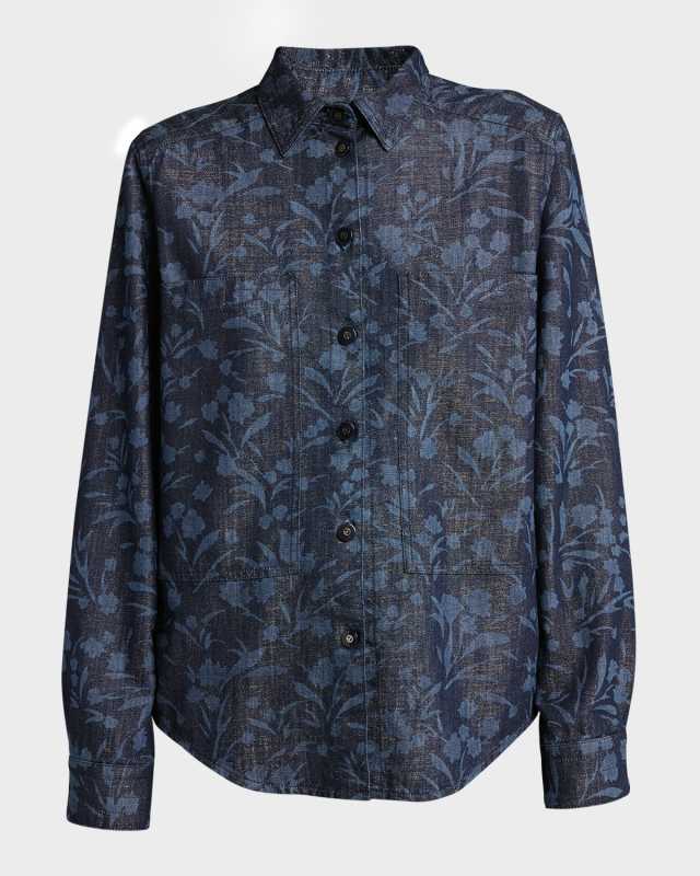Shiny Denim Floral Print Button-Front Shirt