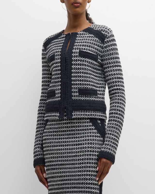 Textured-Trim Bi-Color Knit Jacket