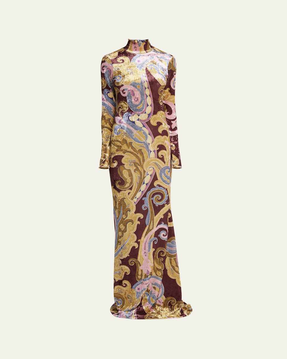 Paisley Crushed Velvet Long-Sleeve Maxi Dress
