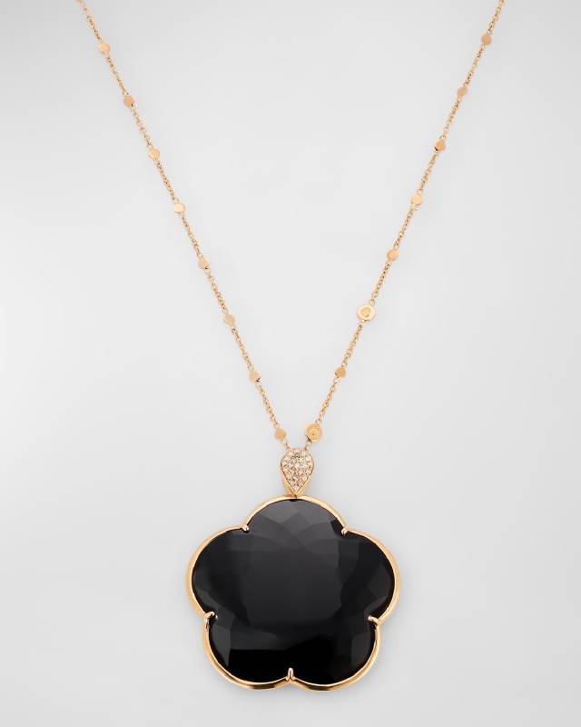 Ton Joli 18k Rose Gold Black Onyx Flower Pendant Necklace with Diamonds, 36"L