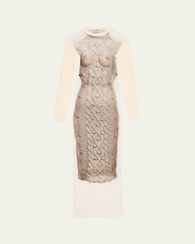 Conical Bra Cable-Knit Print Mesh Maxi Dress With Rib Sleeves
