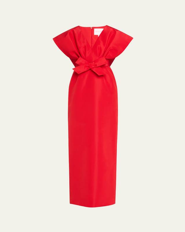 Fan Bodice Column Gown with Bow Waist Detail