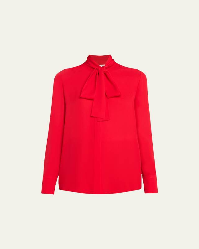 Scarf-Neck Long-Sleeve Silk Blouse