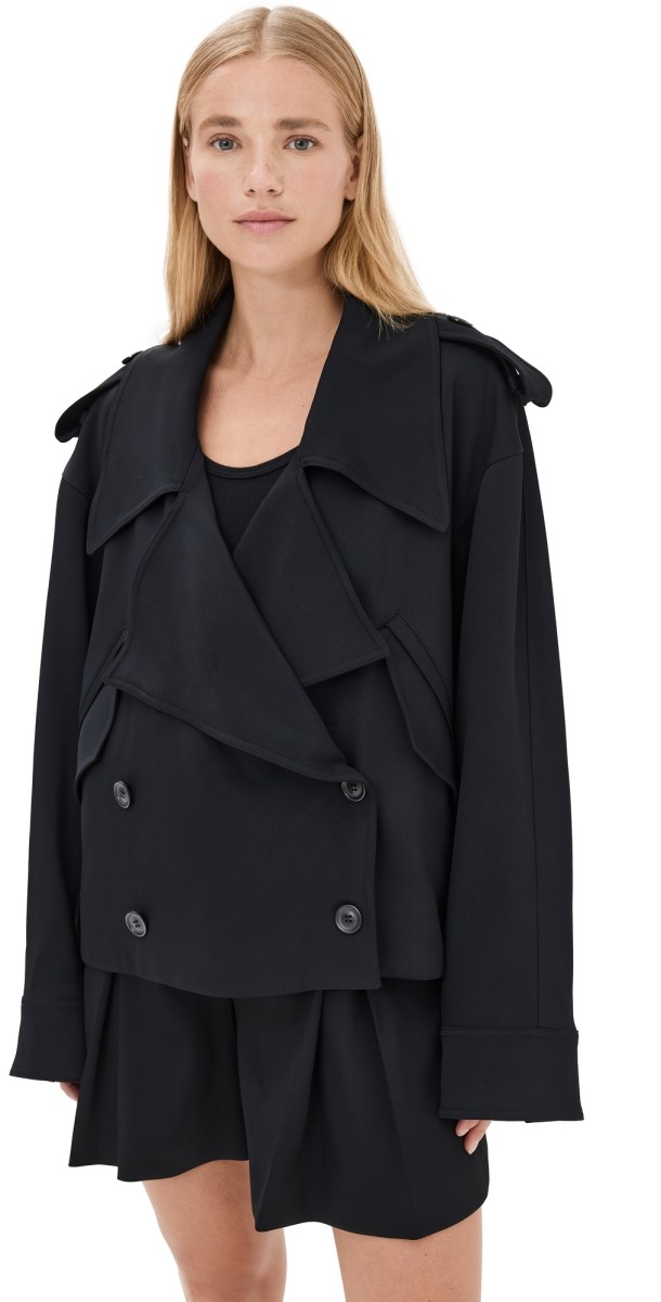 Another Tomorrow Fluid Cropped Trench Coat Black