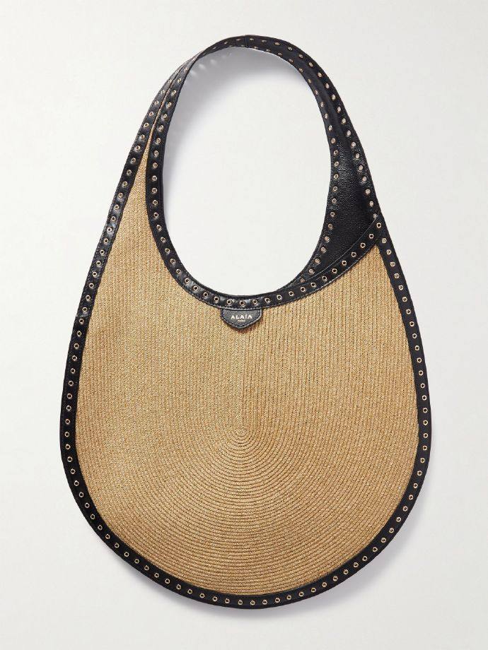 ALAIA One Piece medium embellished leather-trimmed raffia shoulder bag