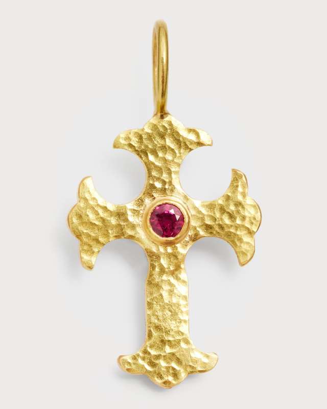 19K Yellow Gold Gothic Cross Pendant with 3.5mm Ruby Center
