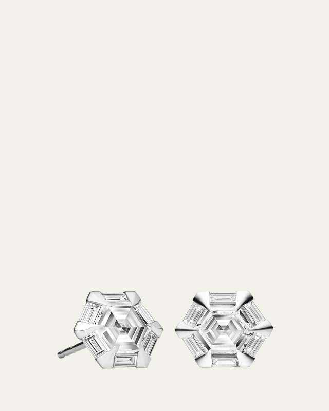 Moderne Hexagonal Diamond Stud Earrings in 18k White Gold