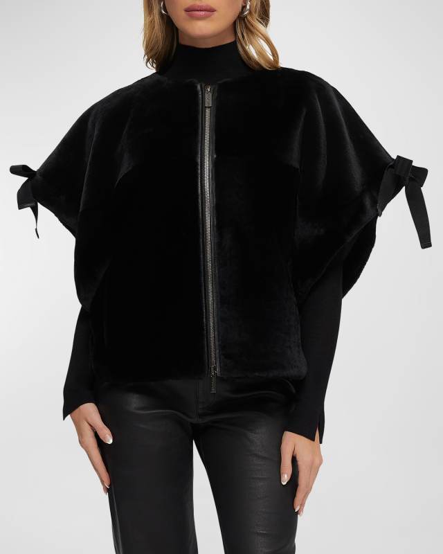 Bow Short-Sleeve Shearling Lamb Collarless Jacket