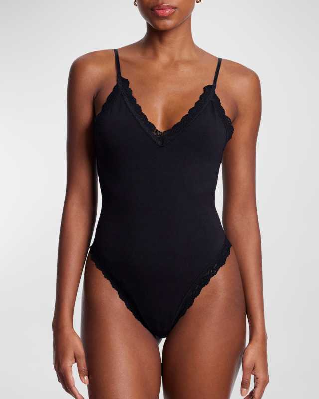 Lace-Trim Supima Cotton Thong Bodysuit