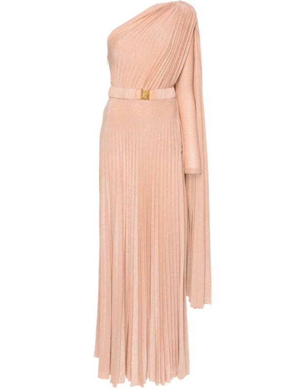 one-shoulder pleated gown