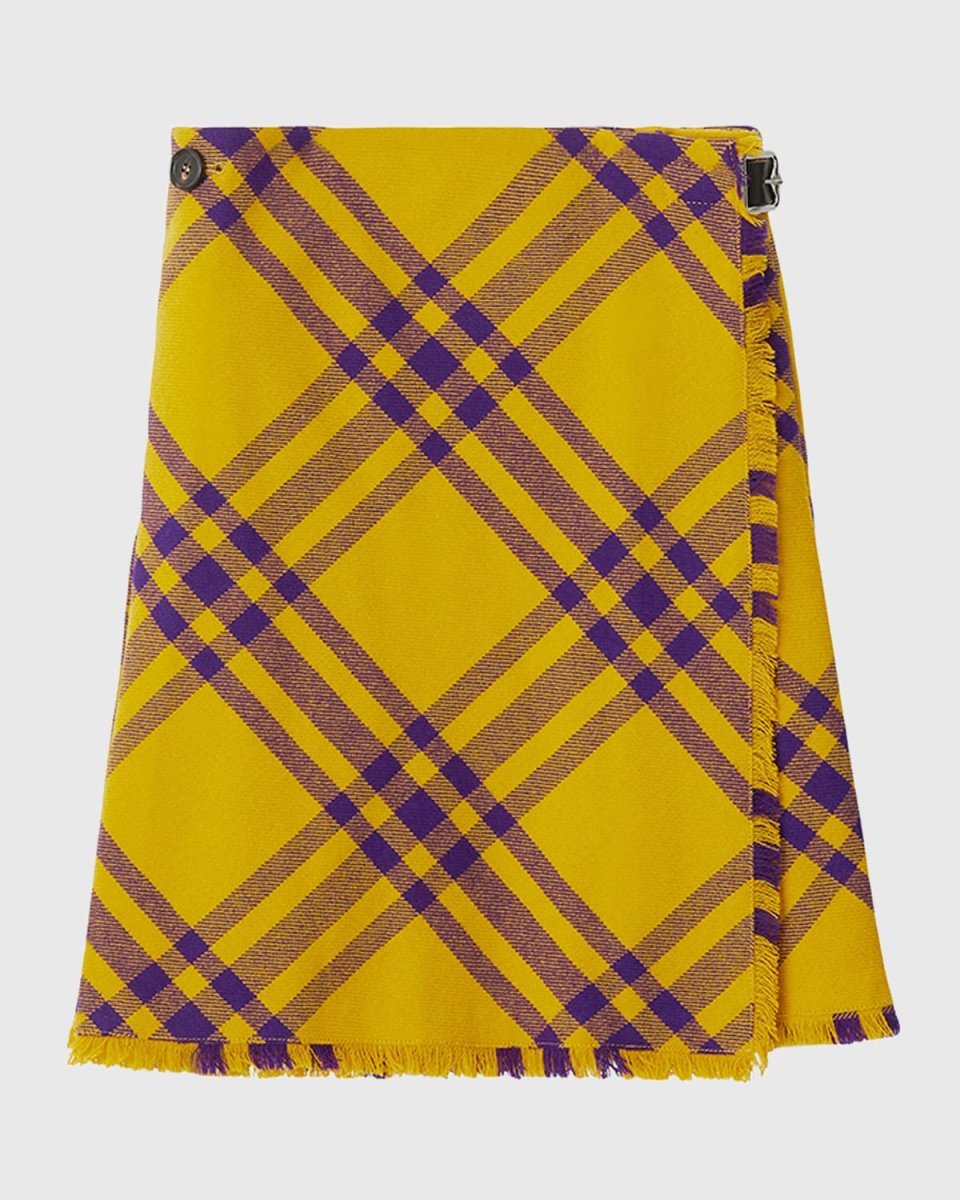 Check Fringed-Edge Kilt Wrap Skirt