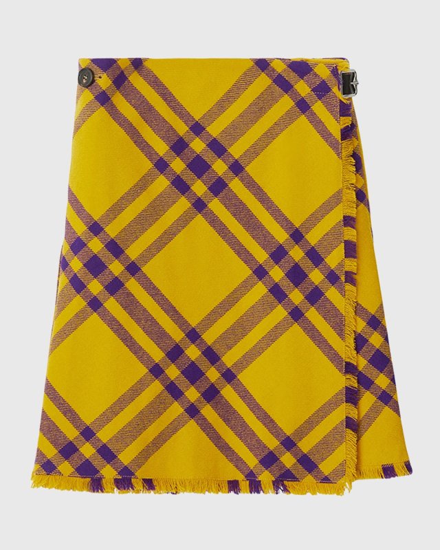 Check Fringed-Edge Kilt Wrap Skirt
