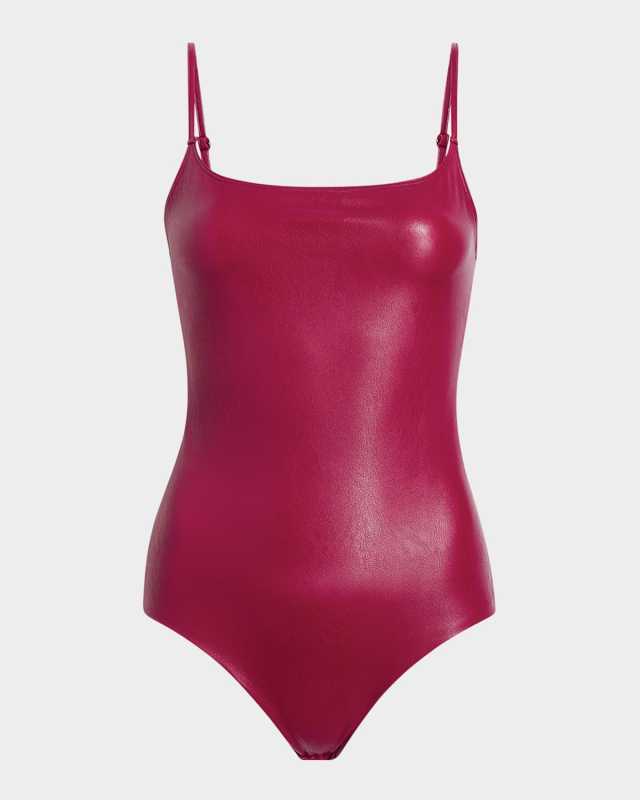 Faux-Leather Spaghetti-Strap Bodysuit