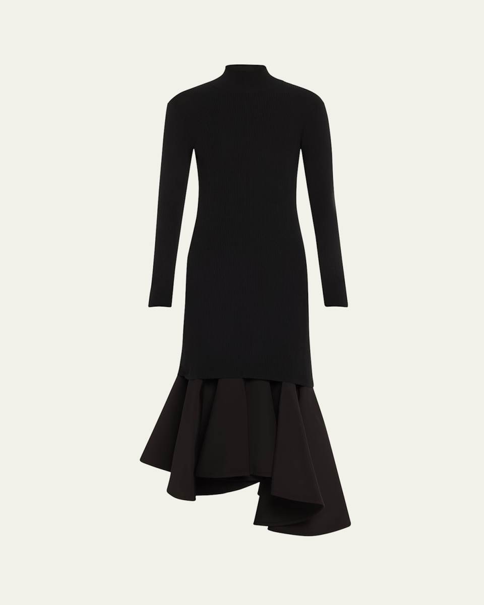 Asymmetric Mixed-Media Turtleneck Midi Dress