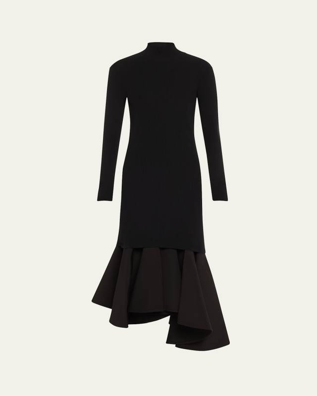 Asymmetric Mixed-Media Turtleneck Midi Dress