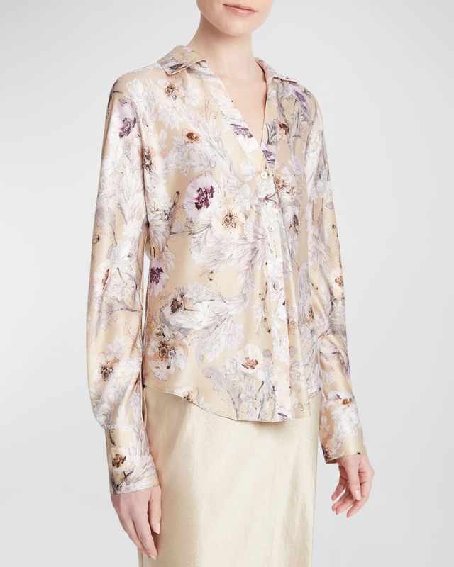 Wild Flower Long-Sleeve Bias Silk Blous