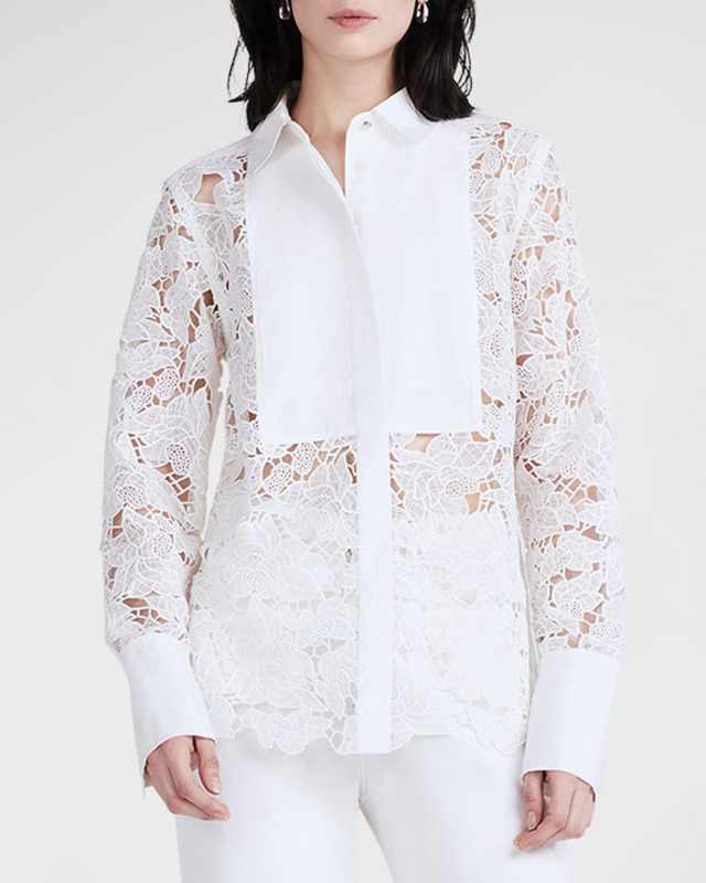 Megan Long-Sleeve Button-Front Lace Blouse