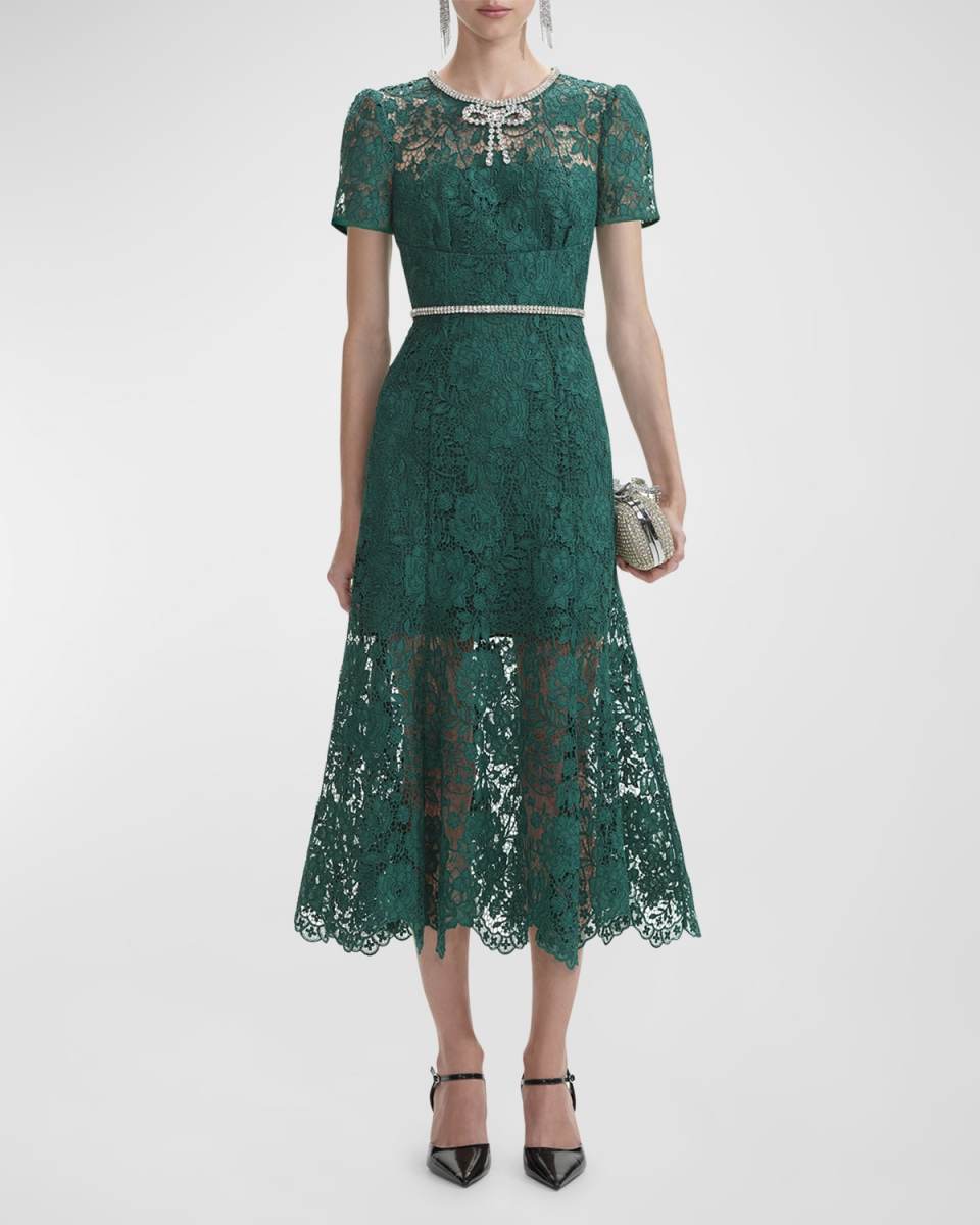 Lace Diamante Belted Short-Sleeve Midi Dress
