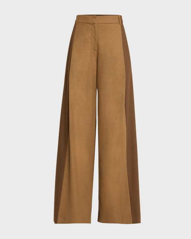 Mixed Wool Flannel Pleated Wide-Leg Pants