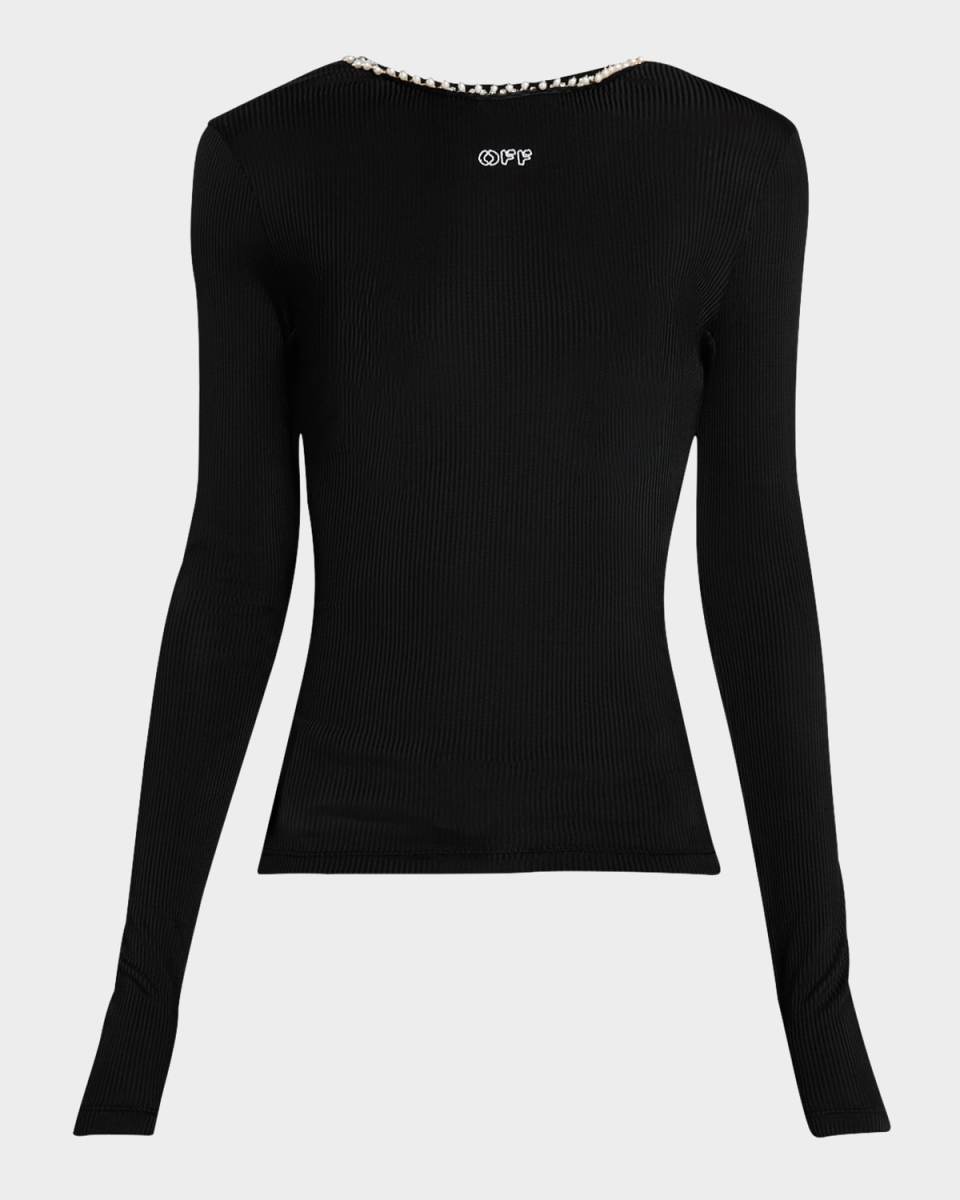 Beaded Backless Long-Sleeve Rib Top
