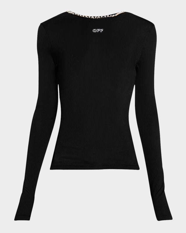 Beaded Backless Long-Sleeve Rib Top