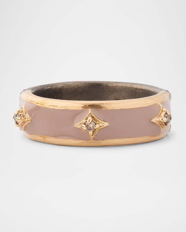 18K Rose Gold, Antiqued Silver, and Nude Enamel Diamond Stacked Ring