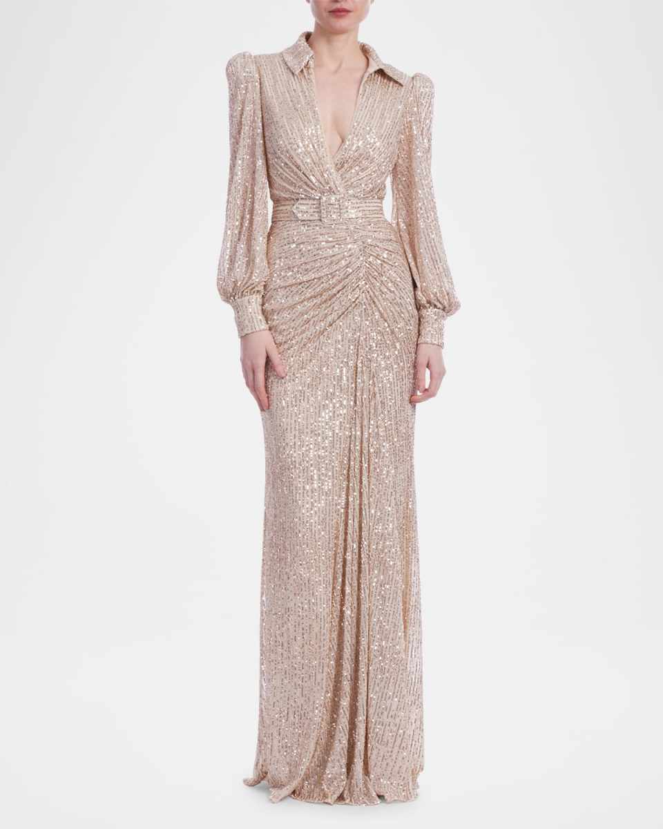 Ruched Sequin Column Shirt Gown