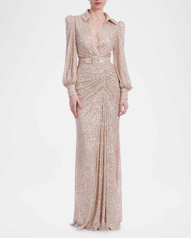 Ruched Sequin Column Shirt Gown