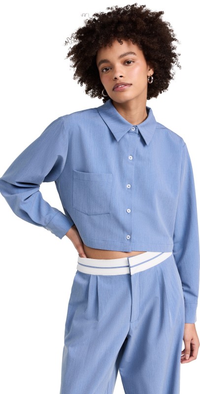 WAYF Cropped Button Up Shirt Chambray Blue