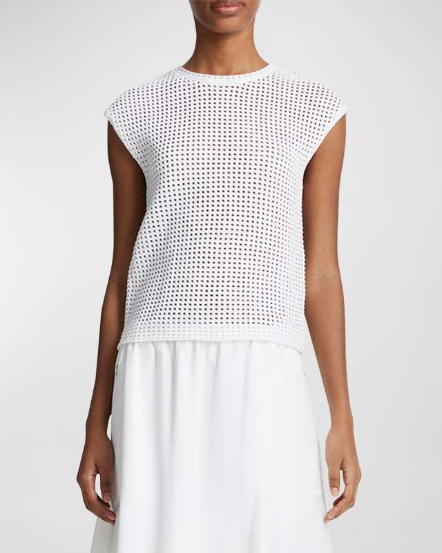 Stitched Mesh Cap-Sleeve Crewneck Top