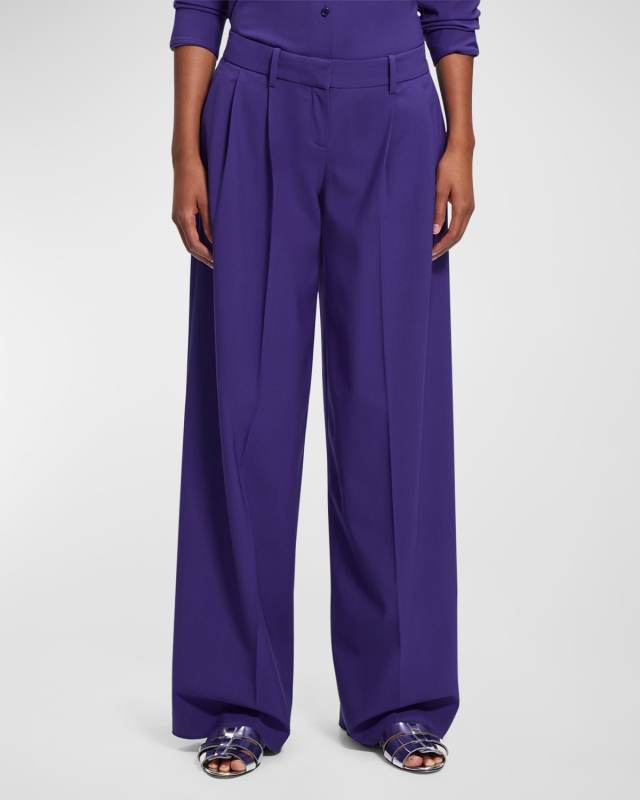 Stretch Wool Pleated Low-Rise Pants