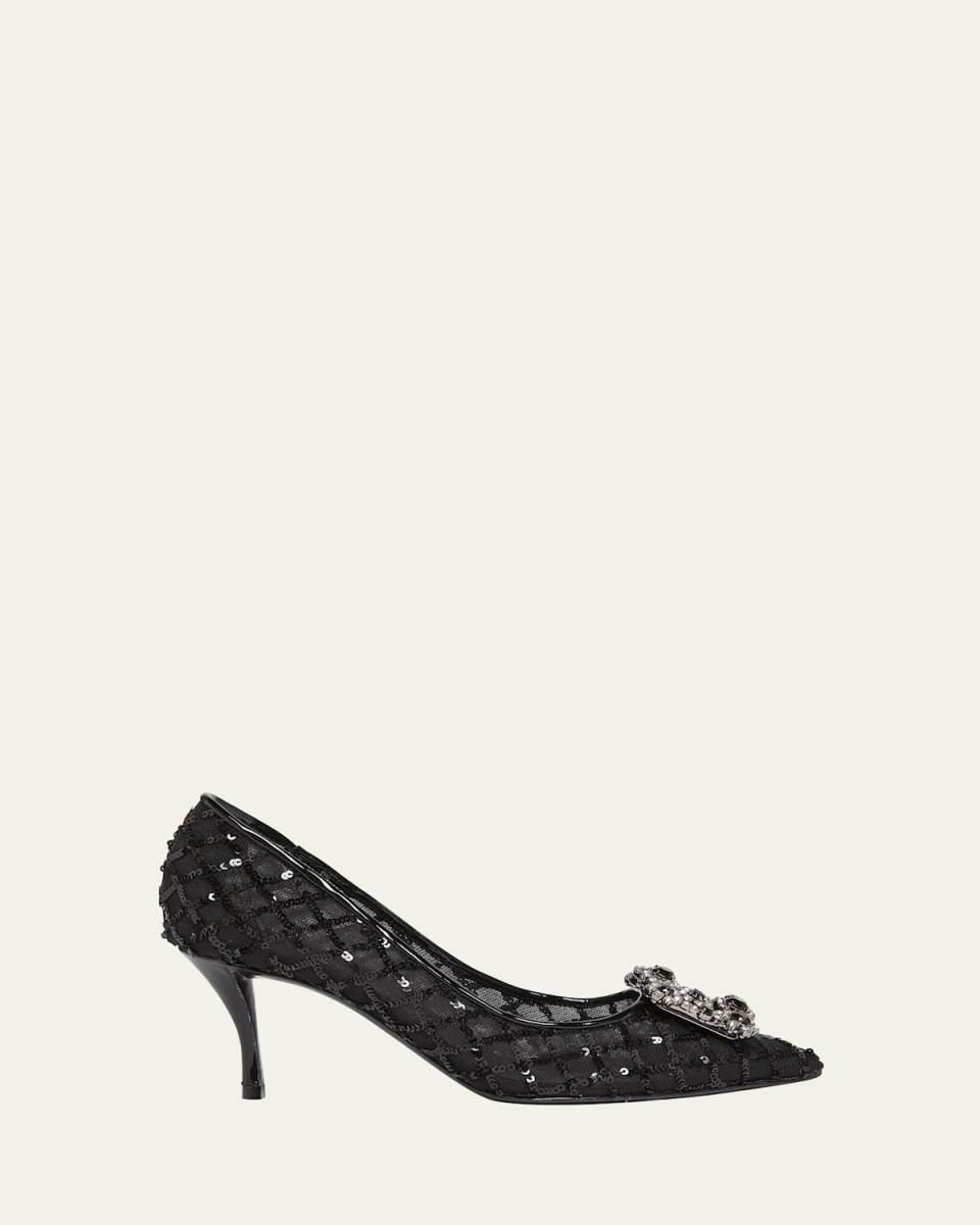 Sequin Net Mesh Buckle Pumps