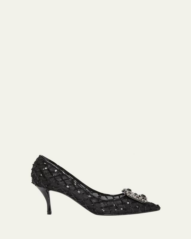 Sequin Net Mesh Buckle Pumps