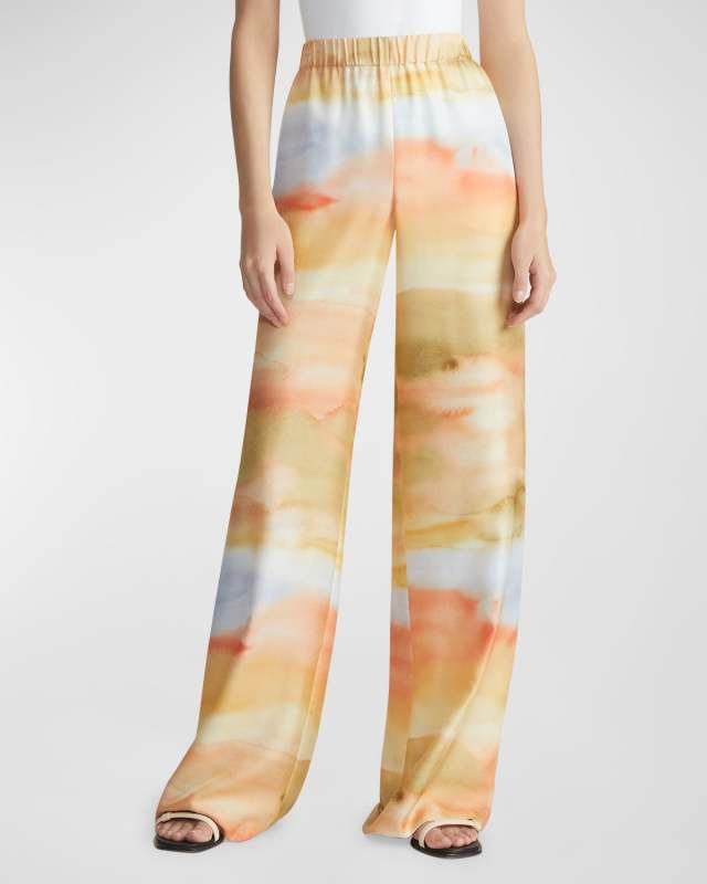 Riverside Watercolor-Print Silk Pants