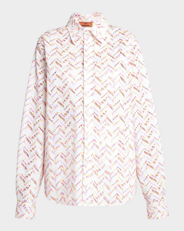 Chevron Broderie Anglaise Long-Sleeve Collared Shirt