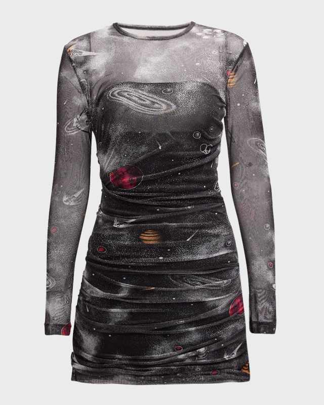 Printed Long-Sleeve Mini Dress