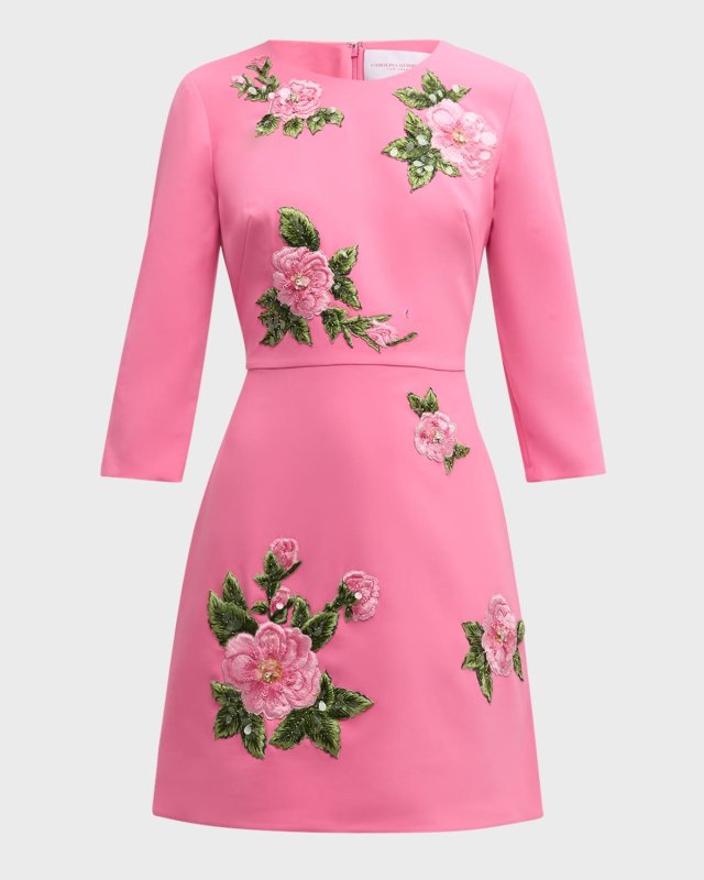Floral Embroidered 3/4-Sleeve Mini Dress