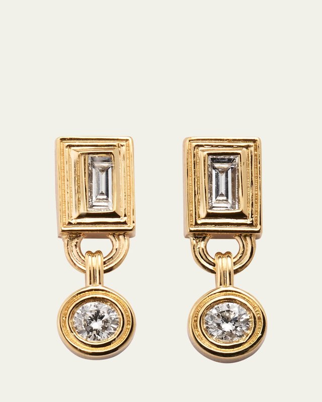 14K Yellow Gold Fluted Baguette Stud Earrings with Round Drop
