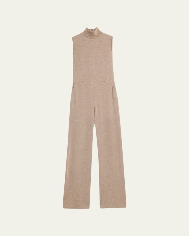 Turtleneck Wide Leg Melange Wool Jersey Jumpsuit