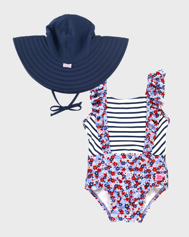 Girl's Floral-Print Pinafore Swimsuit And Sun Hat, Size 3M-8
