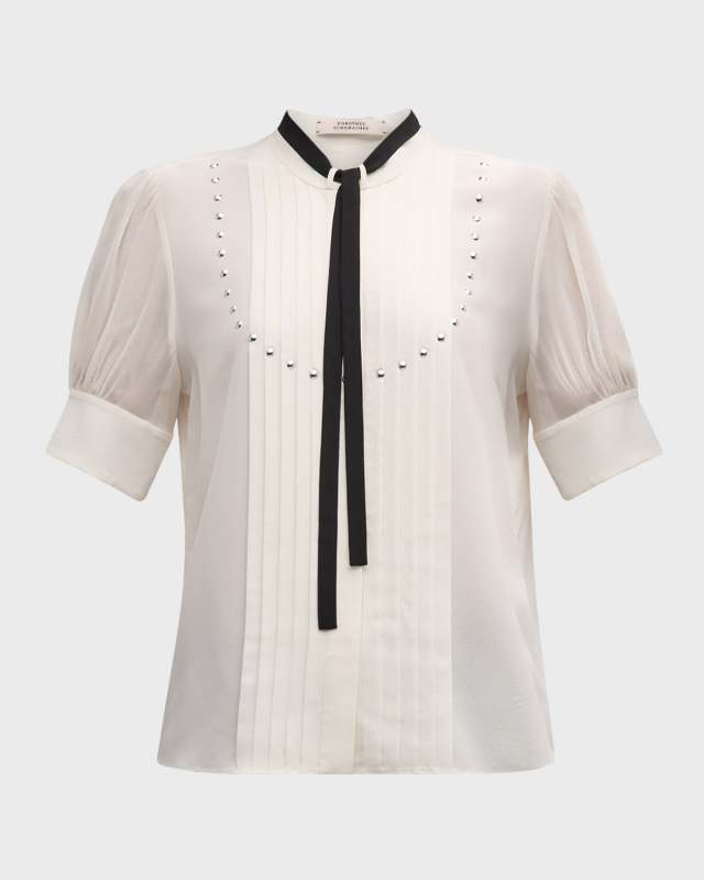 Pleated Beauty Stud-Embellished Silk Blouse